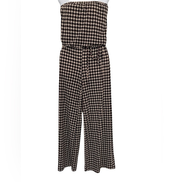 Strapless Jumpsuit in Brown Houndstooth with Tie Belt, Wide Leg Size M - Picture 1 of 3